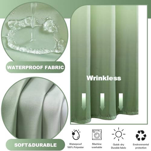 No Hook Shower Curtain with Snap in Liner, Ombre Green Shower Curtains and Liner Set, Hotel Fabric Bath Curtain for Bathroom, Mesh Top Window Waterproof Washable, 71" x 74" - color: Ombre Green, size: 71"W x 74"L (Pack of 1)