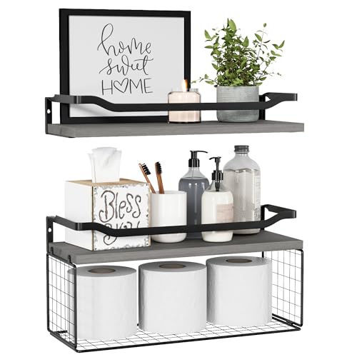 WOPITUES Floating Shelves with Wire Storage Basket, Bathroom Shelves Over Toilet with Protective Metal Guardrail, Wood Wall Shelves for Bathroom Organizers and Storage, Toilet Paper- Gray - color: Modern Grey