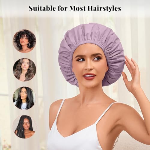 3 Pack Waterproof Reusable Shower Cap for Women, Hair Cap for Long Thick Hair, Lightweight Bath Hat for Daily Use - color: A05-Purple+Green+Black