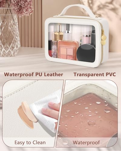 Soimeat Clear Makeup Bag, Portable Travel Cosmetic Bags, Multipurpose Leather Toiletry Bag with Zipper, Waterproof Transparent Cosmetic Organizer for Women, Medium, Beige - color: Beige, size: Medium