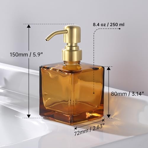 Square Bathroom Soap Dispenser Amber Bottle with Brushed Gold Pump, Retangle Cube 8.4 oz Glass Bottles with Stainless Steel Pump Hand Liquid Soap Dispenser Kitchen - color: Amber and Brushed Gold, size: 8.4oz-Square