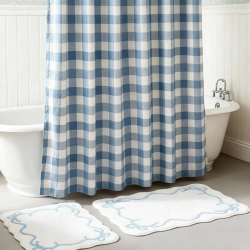 Lounsweer 3 Pcs Blue and White Plaid Shower Curtain Set, Gingham Shower Curtains with Bath Rugs Checkered Bathroom Curtain Set for Bathroom Farmhouse Hotel Tub, 72 x 72