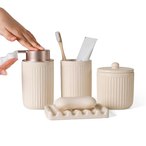 BosilunLife Bathroom Accessories Set - Ceramic Bathroom Set Bathroom Decor Sets Bathroom Counter Foam Soap Dispenser and Toothbrush Holder Set, Soap Dish, Apothecary Jar (Striped Apricot) - color: Apricot-foam