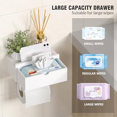Domax Standard 8.46" Bamboo Toilet Paper Holder with Shelf and Storage Drawer - Wall Mount or Adhesive Bathroom Organizer for Tampons, Cotton Swabs, Wipes or More, White - color: White