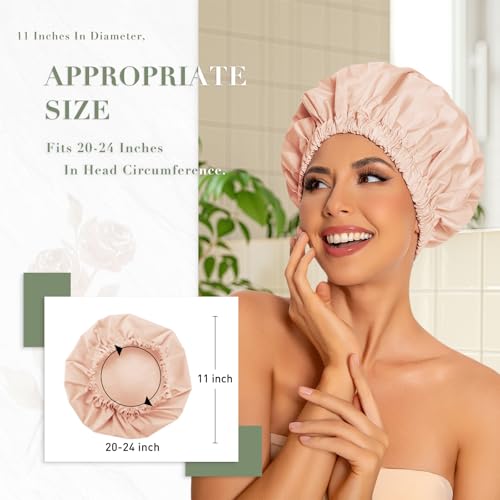 Edoneery Reusable Shower Caps for Women, Waterproof Long Hair Bonnet | Washable Design, Wide Elastic Band, Large Fit, Holds Long Hair, Braids Friendly, Bath Accessories, Spa, Travel - color: Beige