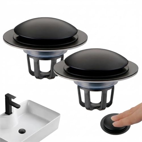 Pop Up Bathroom Sink Stopper,2 Pack Matte Black Sink Drain Stopper with Hair Catcher and Strainer,Glimflorus Universal 2-in-1 Drain Stopper for 1 1/8"-1 1/2" Drain Holes - color: Matte Black