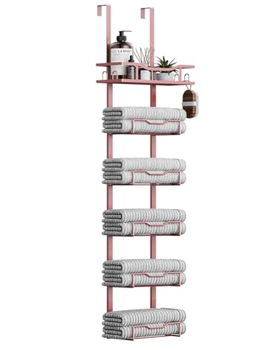 Hanging Towel Racks for Bathroom No Drill - 6-Tier Over The Door Bath Towel Storage Organizer for Small Bathrooms - Tiered Back of Door Towel Holder Hanger for Rolled Towels RV Camper Rose Gold - color: Rose Gold, size: 6 tier