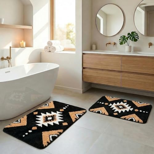 Arttown Black Boho Aztec Vintage Bathroom Rug Set 2 Piece Fluffy Microfiber Bathroom Mat Non-Slip Water Absorbent Bath Rug Soft Washable Floor Rug for Tub Showers Laundry Room Decor (16"x24"+20"x32") - color: Black Brown