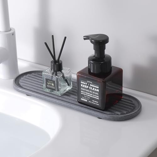 2PCS Water Absorbing Stone Tray, Fast Drying Diatomite Stone Sink Tray for Bathroom Sink & Kitchen Counter Faucet Organizer, Soap Dish Dispenser Vanity Organizer,Dark Grey-11.8"x4" - color: Dark Grey-2p
