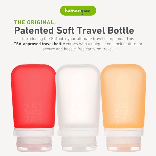 humangear GoToob+ Bottles - Silicone Leak-Proof Travel Tubes for Toiletries, Camping & TSA Carry-On (3-Pack), Medium (2.5 fl oz; 74ml), Clear/Red/Orange - color: Red/Clear/Orange, size: 2.5 Ounces