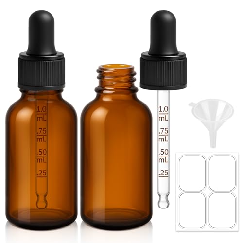 Bumobum Dropper Bottle 1 oz, 2 pack Amber Glass Eye Dropper Bottles with Labels and Funnel, Tincture Bottle with Measured Dropper - Leakproof Essential Oils Bottles for Health, Personal Care & Beauty - color: Amber 1 oz