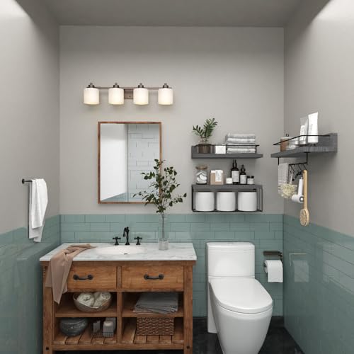 PopiShelves Bathroom Shelves Over Toilet for Wall, Floating Shelves with Storage Basket Paper Holer for Kitchen Living Room, Bedroom & Classroom, Set of 3 (Grey) - color: Grey, size: 15.7"