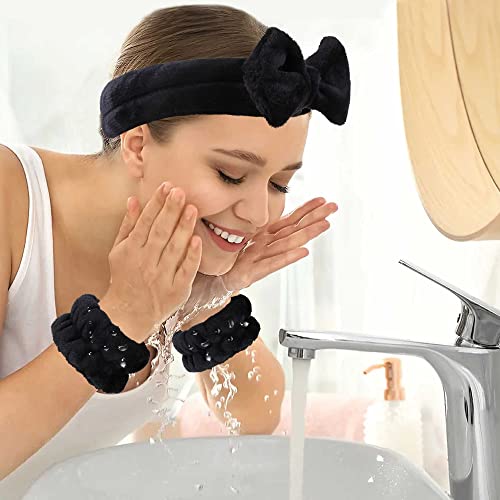 WSYUB Makeup Headbands, 1pcs Black Spa Headband Fluffy Bow Tie Headband Microfiber Face, and 2Pcs Wrist Spa Wash Band Absorbent Wristbands, for Washing Face Skin Care - color: Black
