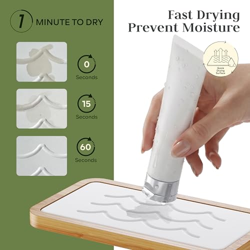 Water Absorbing Stone Tray for Sink, Kitchen Sink Caddy Organizer, Diatomite Bathroom Vanity Counter Tray, Soap Dispenser Sponge Holder, Fast Drying Stone Faucet Mat with Bamboo Tray - color: White