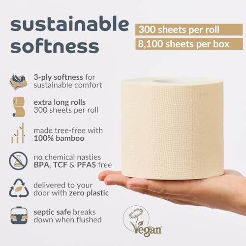 Bumboo Bamboo Toilet Roll 24 Pack | Unbleached Toilet Paper 3 ply, 300 Sheets | Eco Toilet Rolls | Plastic-Free, Soft, Strong & Sustainable Toilet Tissue, Beige - size: 24 Count (Pack of 1)