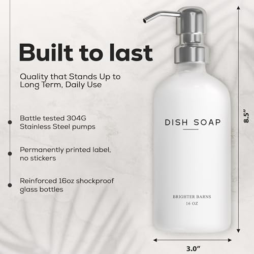White Glass Hand and Dish Soap Dispenser Set by Brighter Barns - Modern Kitchen Soap Dispenser Set & Pump for Sink - Farmhouse Home Decor, Minimalist Kitchen Accessories (White) - color: Silver Hd