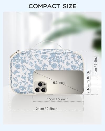 Relavel Travel Makeup Bag, Small Floral Cosmetic Bag with Makeup Brush Compartment, Portable Makeup Pouch for Women, Double Layer Makeup Organizer Bag Cute Toiletry Bag - color: 01-Blue Flower, size: MEDIUM