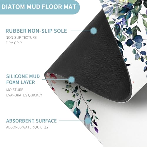 Gibelle Eucalyptus Leaves Bath Mat Rug Super Absorbent Quick Dry Thin Bathroom Rugs Fit Under Door Non Slip Rubber Backed Bathroom Floor Mat for in Front of Bathtub Sink Shower (17"x24", Green) - color: A002, size: 17" x 24"