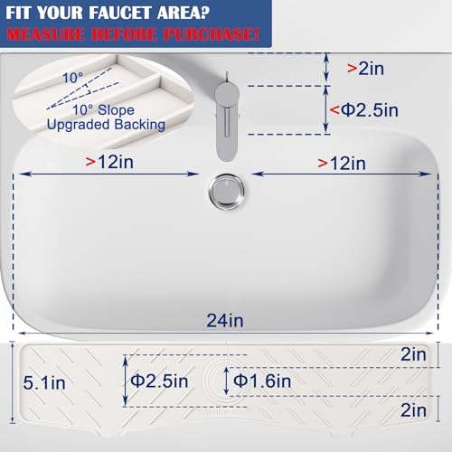 Faucet Mat for Kitchen Sink – 24” x 5.1” Extra-Long Silicone Splash Guard with 10° Slope & Upgraded Drainage – Gen 3 Sink Water Catcher & Sponge Holder for Kitchen, Bathroom (White) - color: White, size: 24 in