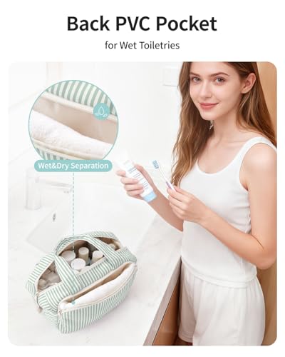 Narwey Travel Toiletry Bag for Women, Wide Open Large Makeup Bag, Cosmetic Bag Make Up Organizer with Handle, Wet Pocket for Towel, Travel Bag for Toiletries, Brushes, Essentials (Mint Green Stripe) - color: Y-Mint Green Stripe