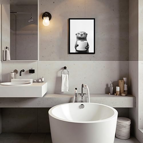 Urmoya Otter Holding Toilet Baper Funny Bathroom Decor Wall Art 12x16 in | Wood frame, Black and white bathroom decor, Otter with toilet roll print, Canvas print, Ready to hang - color: Otter, size: 16"L x 12"W