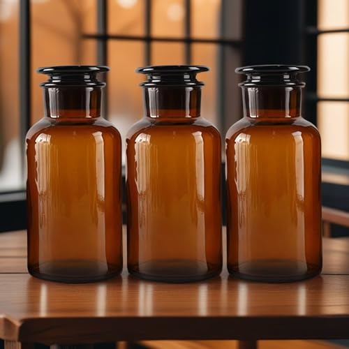Lab Glass Storage Bottles with Lids, 3 Pcs 125ml Wide Mouth Glass Storage with Ground Stopper, Used for Lab, Home Decorative(Amber)