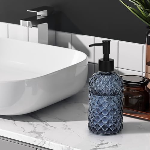 13.5oz Glass Soap Dispenser with Plastic Pump, Diamond Design Refillable Hand Soap Dispenser for Hand Wash, Bathroom and Kitchen (Blue Grey) - color: Blue Grey