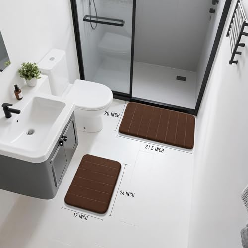 Yimobra Memory Foam Bathroom Rugs Sets 2 Piece - Super Soft Absorbent Quick Dry Bath Mat Set, Machine Washable Non Slip Floor Carpet for Tub Shower & Single Sink (17x24 & 31.5x20 Inch, Brown) - color: Brown, size: 31.5x20+24x17 Inch
