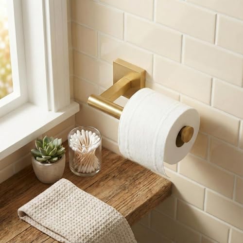 Brushed Gold Toilet Paper Holder Wall Mount, SUS304 Stainless Steel Bathroom Tissue Roll Holder, Champagne Gold Square Design, Fingerprint Resistant, Heavy Duty No-Wobble, Hardware Included - color: Brushed Gold