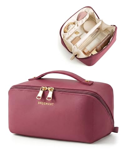 BAGSMART Makeup Bag Travel Cosmetic Bag, Large Make Up Bag Flat Open Toiletry Bag for Women, PU Leather Travel Essentials Organizer Case, Wide-open Pouch Purse for Skincare, Brushes, Burgundy - color: 15- Burgundy