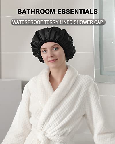 YIZIJIZI Terry Lined Shower Cap, Triple Layer Large Cap for Women, Reusable Waterproof for Long Thick Hair, Black - color: Black