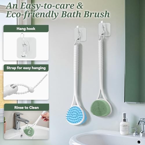 Silicone Back Scrubber & Bath Glove Set, 15.35’’ Soft Back Scrubber with Dual-Side Brush Head, 360° Anti-Slip & Enlarged Exfoliating Body Scrubber for Rich Foaming Deep Cleaning(Green) - color: Green