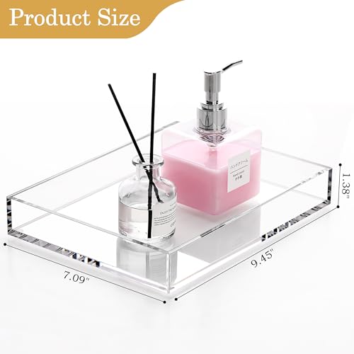 DINGHUO Acrylic Perfume Bathroom Vanity Counter Tray, Clear 9.45"x7.09"x1.38" Rectangle Countertop Organizer for Jewelry Candles Soap Makeup Toilet Tank Kitchen - 1 Pack