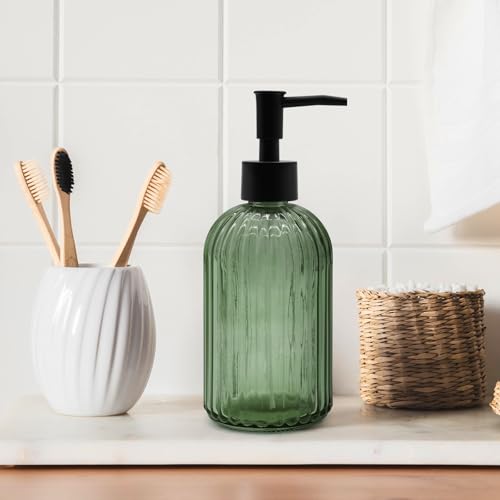 14oz Green Glass Soap Dispenser with Black Pump – Refillable for Hand Soap, Dish Soap, Lotion, Suited for Kitchen, Bathroom & Laundry Room (Olive Green) - color: Olive Green