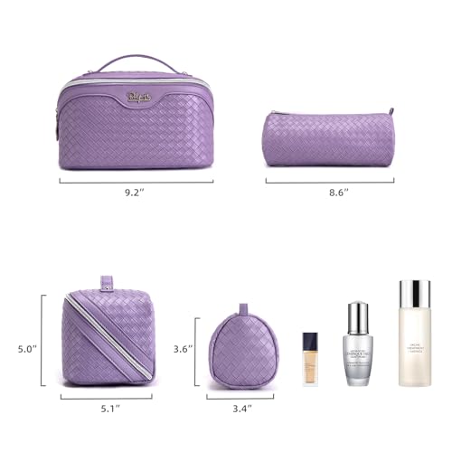 BOYATU Travel Makeup Bag Cosmetic Bags for Women: Large Capacity 3 Pcs Set Make up Bag with Compartments - Waterproof Vegan Leather Toiletry Organizer Bags with Handle (L01 Purple) - color: L01 Purple