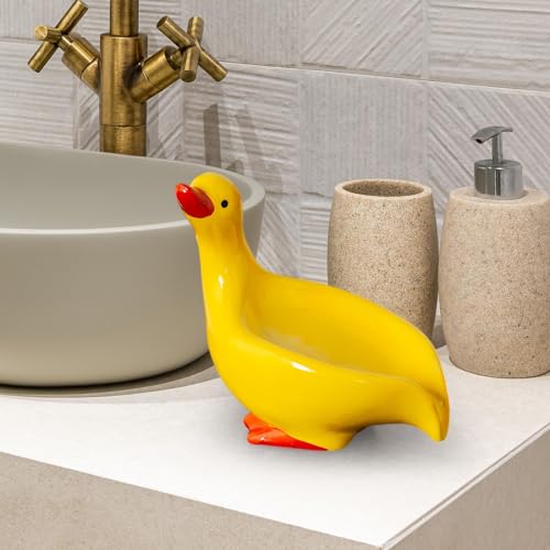 Ceramic Duck Soap Dish with Self-Draining Tray, Yellow Bathroom Soap Holder for Shower, Bathtub, and Kitchen Countertop - color: Yellow