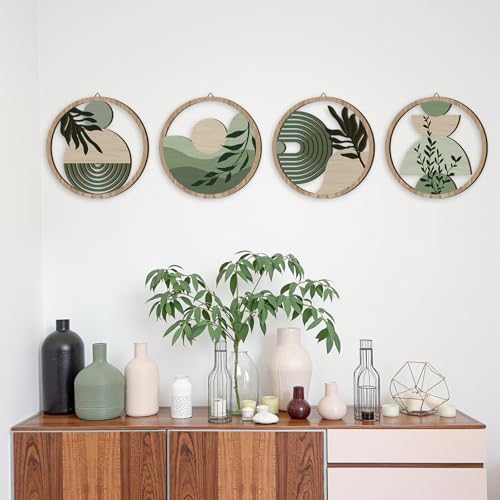 TOARTi 4 Pieces Green Botanical Wooden Wall Art Bohemian Hanging Art Farmhouse Geometric Wooden Wall Decor Aesthetic Tropical Plant Artwork Boho Minimalist Wall Decor for Bedroom Living Room - color: Boho Wooden Wall Art 2