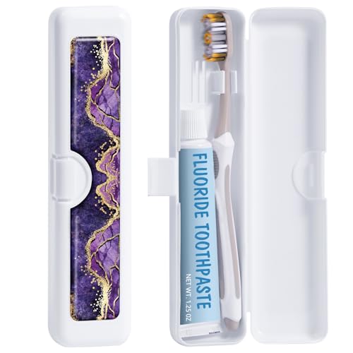 Toothbrush Travel Case - Colorful Pattern, Holder and Covers for Toothbrushes, Includes Tongue Scraper Case - color: Purple Marble, size: Small