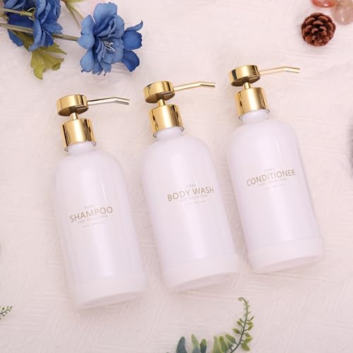 Shampoo and Conditioner Dispenser Set of 3,Refillable 20.5OZ Shampoo Bottles with Non-Slip Protective Silicone Pad,Shower Soap Dispenser with Waterproof Labels for Bathroom (White) - color: White Bottles + Gold Pumps