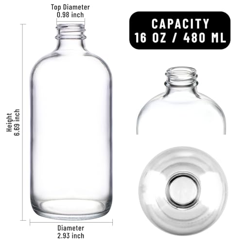 PINIWON 12 Pack 16 oz Clear Glass Bottles, Boston Round Sample Bottles with Black Poly Cone Caps, Labels and Funnels - color: Clear