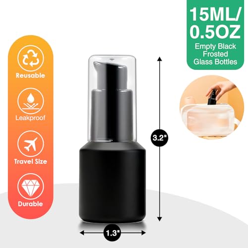 3PCS 15ML/0.5OZ Empty Black Frosted Glass Bottles with Pump Refillable Vial Cosmetic Dispenser Jars Storage Travel Lotion Container Portable Sample Bottle for Toiletries,Foundation,Cream,Gel,Lotion - color: Black, size: 0.5 OZ