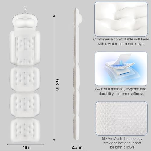 Luxury Full Body Bath Pillow for Bathtub, Bath Pillows for Tub with Mesh Laundry Bag, Cushion for Bathtub Headrest Neck Back Support - 5D Air Mesh & Quick Drying | White 63" x 16" - size: 63" x 16"