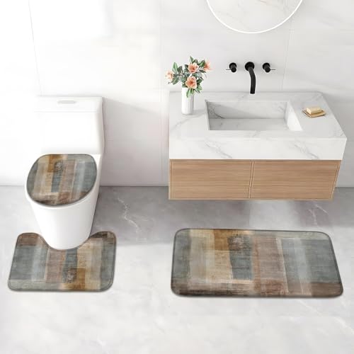 4Pcs Shower Curtain Set, Brown Grey Rustic Vintage Farmhouse Bathroom Shower Curtain with Rugs and Accessories,with Non-Slip Rugs, Toilet Lid Cover and Bath Mat for Bathroom Decor Set - color: Brown Grey