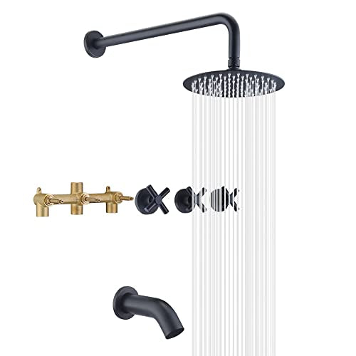 SUMERAIN Matte Black 3 Handle Tub Shower Faucet Set | Waterfall Tub Spout, With Brass Rough in Valve, 8 Inches Rain Shower Head, Modern Design - color: Matte Black