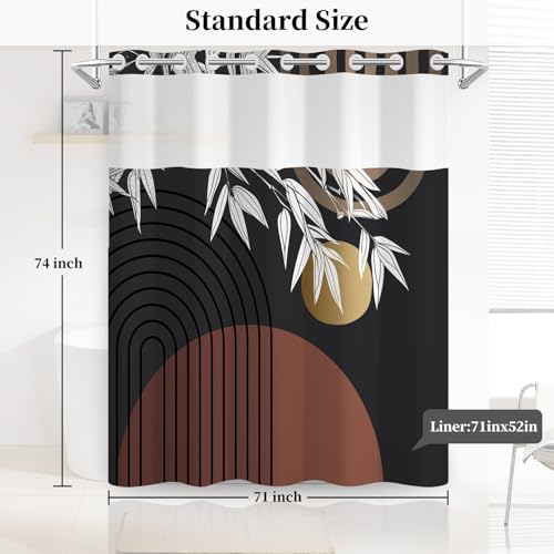 Boho Abstract No Hook Shower Curtain with Snap in Liner | 71x74 Inch, Black Mid Century Geometric Shower Curtains for Modern Bathroom, Waterproof Fabric with Mesh Top Window - color: Boho Black