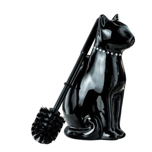 Comeon Ceramic Cat White/Black Toilet Brush and Holder Set, Plastic Handled Scrub Brush for Bathroom Cleaning,10.63"*6.3" (Black) - color: Black, size: Cat