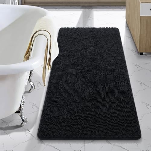 LOCHAS Luxury Bathroom Rug Shaggy Bath Mat 24 x 44 Inch, Washable Non Slip Bath Rugs for Bathroom Shower, Soft Plush Chenille Absorbent Carpets Mats, Black - color: Black, size: 2' X 3'8" (24''x44'')