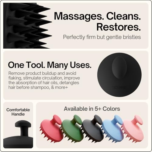 SXNSE - Revive Silicone Scalp Massager, Jet - Manual Hair & Scalp Scrubber for Dandruff, Buildup, Itch, & Hair Growth - Soft Exfoliating Silicone Bristles for Wet & Dry Hair, Flake-Free Finish - color: Jet