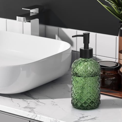 1 Pack 13.5oz Glass Soap Dispenser with Plastic Pump, Diamond Design Refillable Hand Soap Dispenser for Hand Wash, Bathroom and Kitchen (Army Green) - color: Army Green