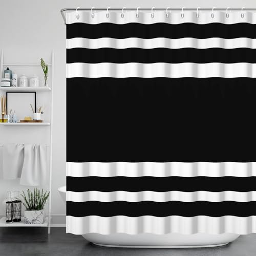 72x72inch Black and White Stripe Shower Curtain for Bathroom Horizontal Stripes Texture Design Casual Style Relaxing Spa Luxurious Modern Home Bathroom Bathtubs Curtain Decoration with Hooks - color: Black White, size: 72"W x 72"L (Pack of 1)